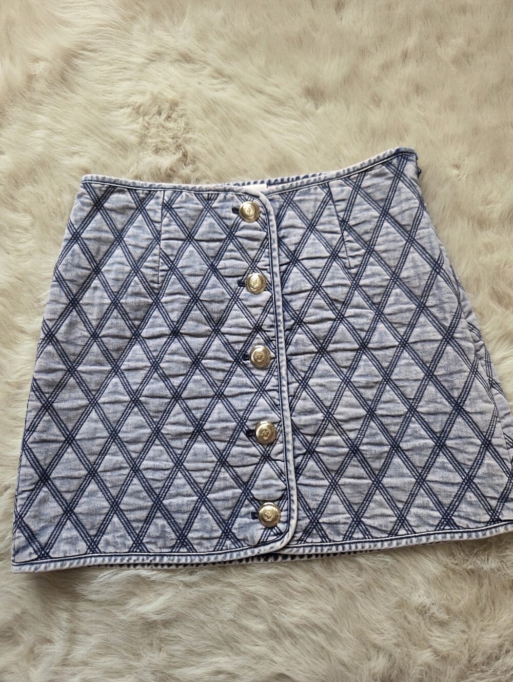 cinq a sept Light Blue Quilted Diamond-Pattern Mini Skirt with Gold Buttons